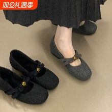 内增高灰色毛毛玛丽珍鞋女2025秋冬季新款蝴蝶结厚底加绒保暖棉鞋