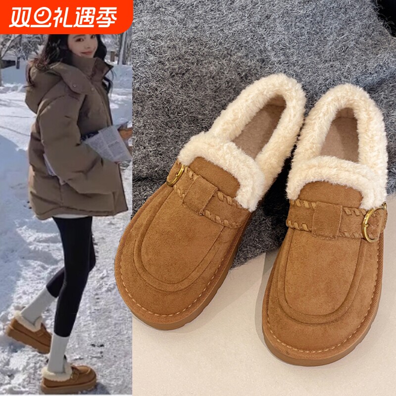 厚底加绒保暖勃肯鞋毛毛鞋女2025新款冬一脚蹬雪地靴豆豆棉鞋防滑