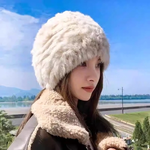 兔毛帽子女加厚毛绒皮草防寒保暖毛线针织帽护耳秋冬天包头帽