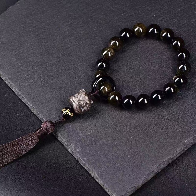 lisv天然银曜石醒狮手持十八子念珠车饰挂件彩曜石金耀石珠子挂件