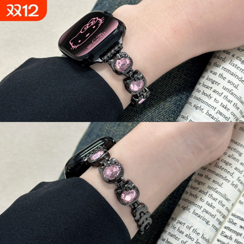 适用iWatchS11新款kitty猫镶钻夏天se3个性金属表带Applewatchs10/S9/S8/S7苹果手表女生ultra3运动金属高级