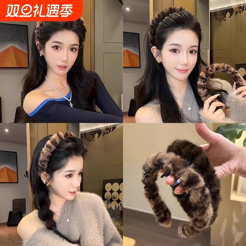 秋冬复古豹纹带齿毛绒发箍女防滑洗脸发卡头箍2025新款高颅顶头饰