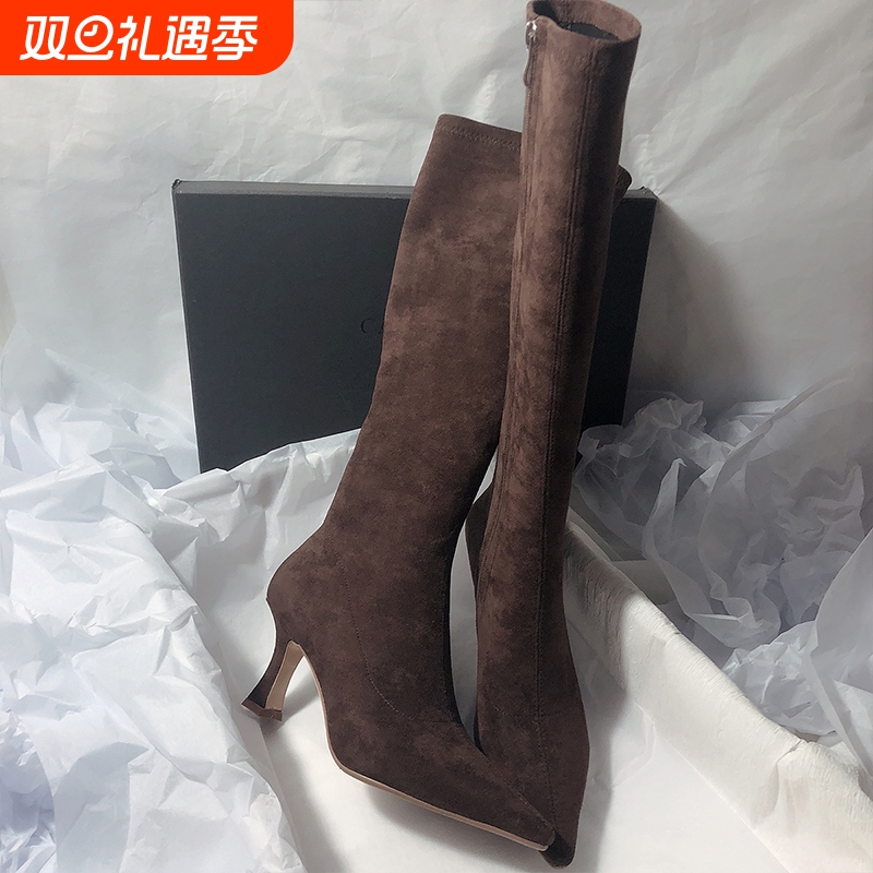 森屿海巷 韩版简约长靴不过膝弹力靴磨砂瘦瘦靴侧拉链尖头高跟靴