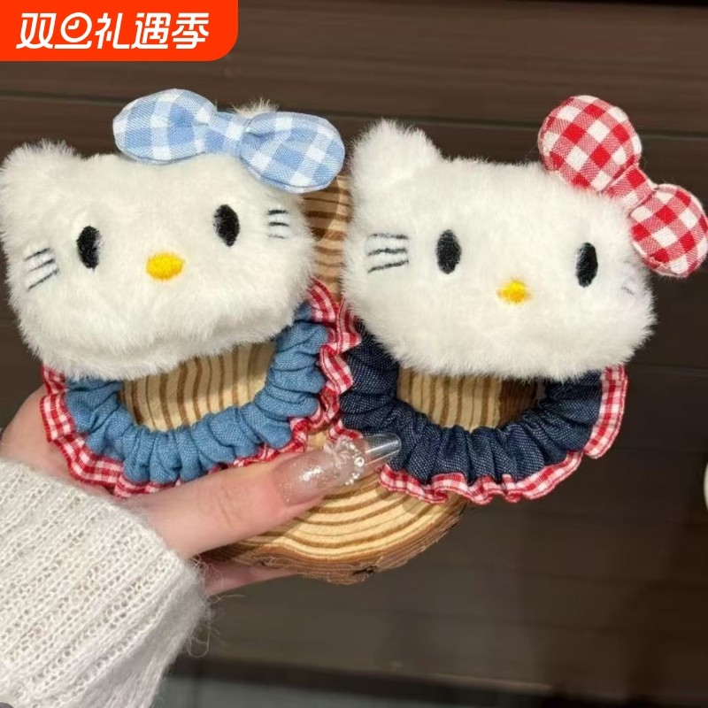 秋季新款红蓝色格子领结猫咪发圈可爱毛绒公仔小肠圈少女高弹kt猫