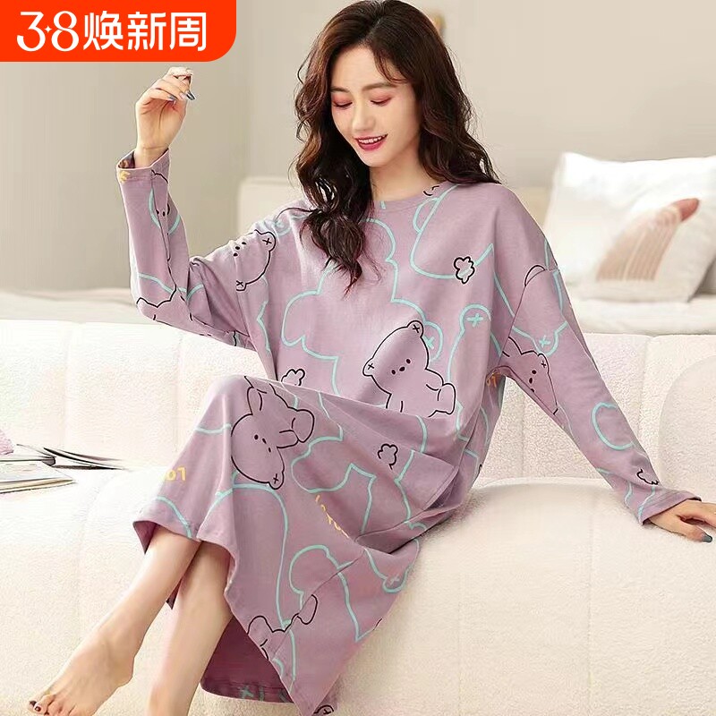 春秋冬季学生睡裙女长款长袖睡衣连衣裙日系家居服粉色紫色蓝色