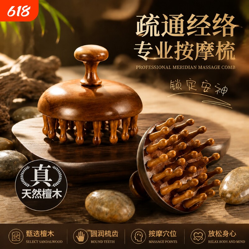 甄选檀木头部梳子舒缓头皮按摩梳木质洗头刷按摩器刮痧经络檀木梳