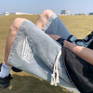 牛仔短裤男士夏季薄款2024新款宽松五分裤子潮牌青少年松紧腰中裤
