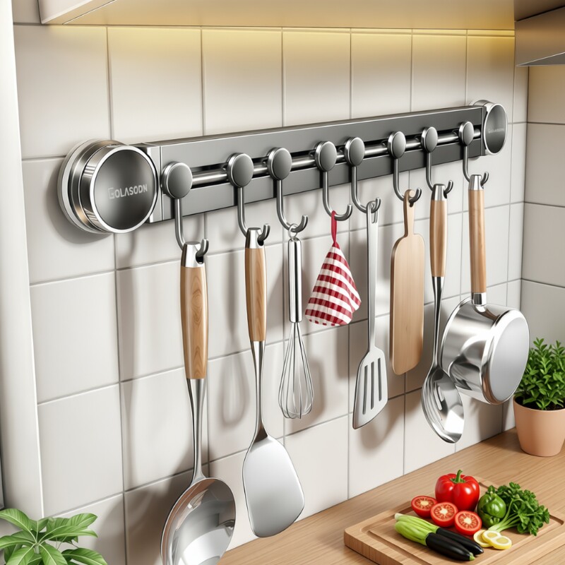 吸盘厨房置物架挂钩免打孔挂杆锅铲挂架壁挂式收纳架墙面刀具上墙