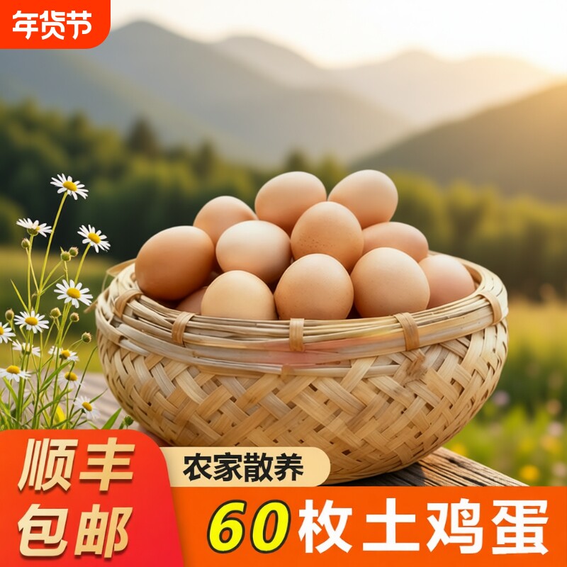 60枚正宗土鸡蛋新鲜鲜蛋粉壳蛋农家山林散养营养早餐鸡蛋50g/枚