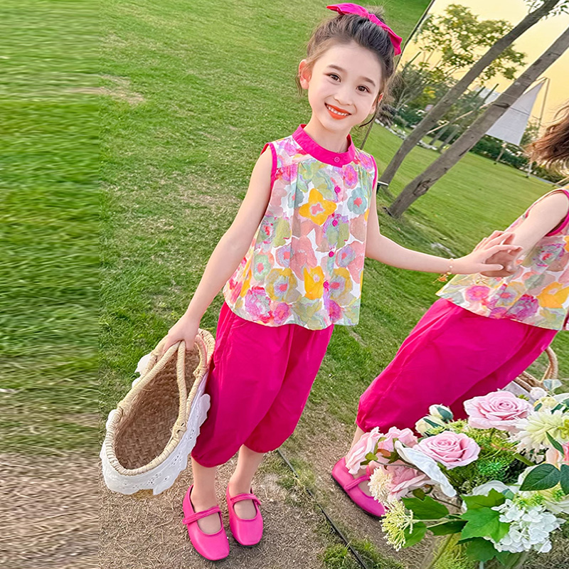 女童夏季套装2025新款儿童装无袖薄款洋气女孩宝宝夏装碎花两件套
