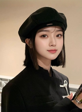 黑色贝雷帽女春夏2025新款显脸小蓓蕾帽八角帽时尚画家帽洋气帽子