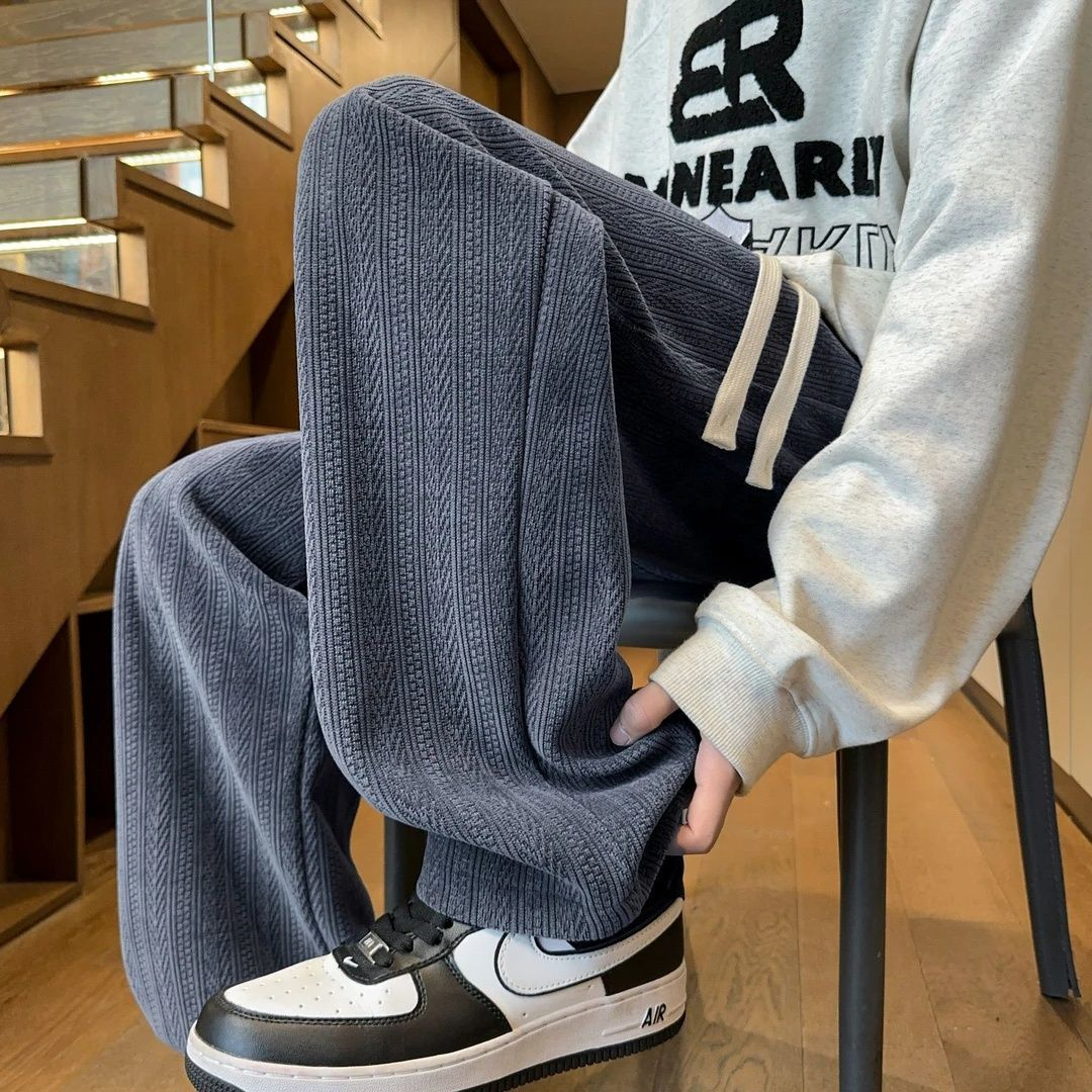 麦穗纹休闲裤男士春秋2025新款阔腿裤秋冬加绒青少年直筒宽松裤子