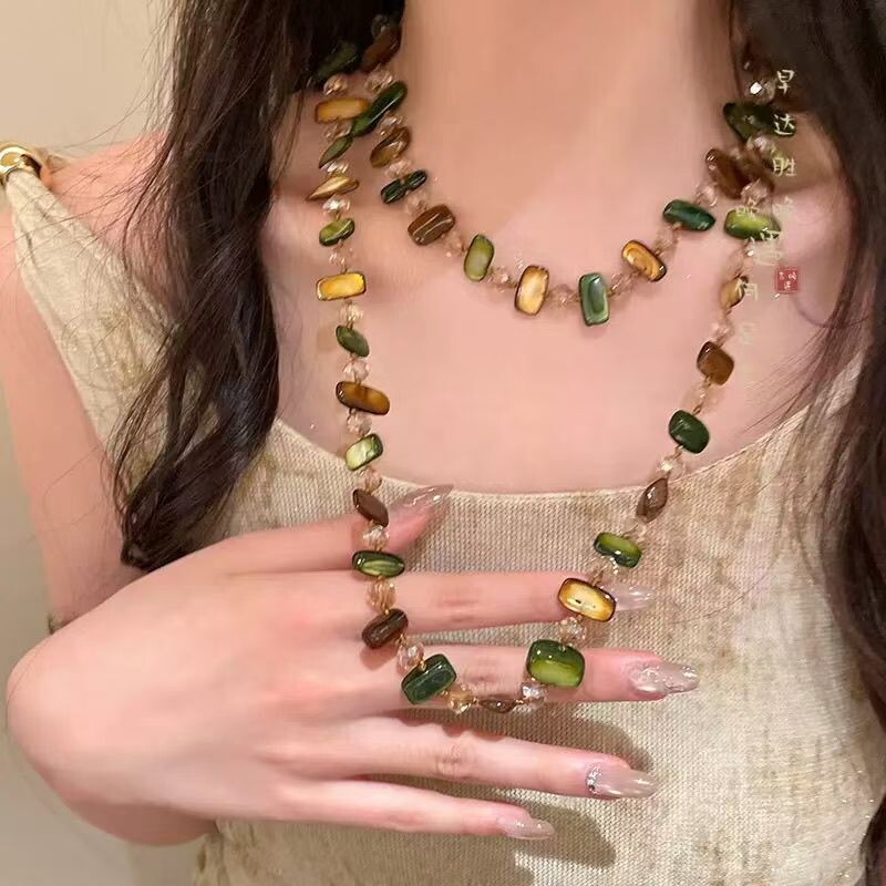 中古长跨波西米亚风串珠仿贝壳不规则项链绿色复古森系多层毛衣链