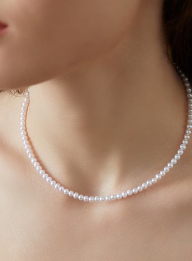 珍珠施家3-4mm/4-5mm小米珠正品气质项链女锁骨链淡水珠宝链纯银
