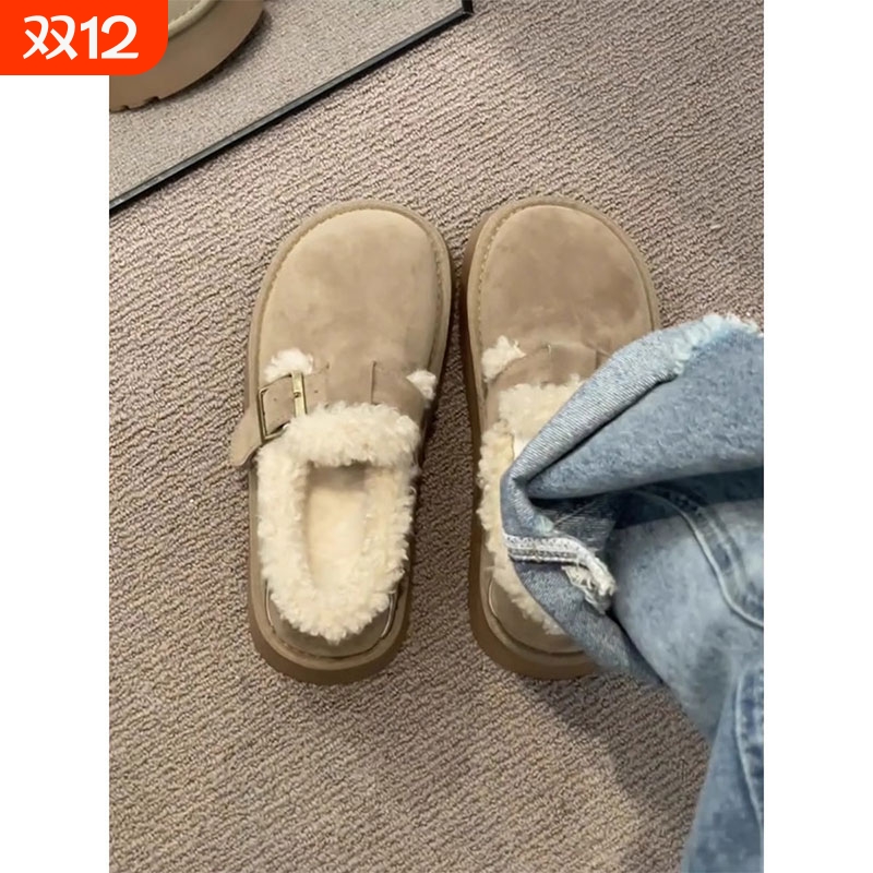 牛皮版~厚底加绒勃肯鞋百搭一脚蹬毛毛鞋雪地靴棉鞋女毛绒时尚