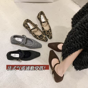 高级感晚晚风温柔呢子料单鞋加绒一字扣带玛丽珍方头粗跟棉瓢鞋女