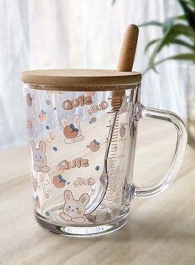 ins玻璃杯杯子卡通吸管杯勺刻度牛奶杯早餐杯情侣用微波炉便携