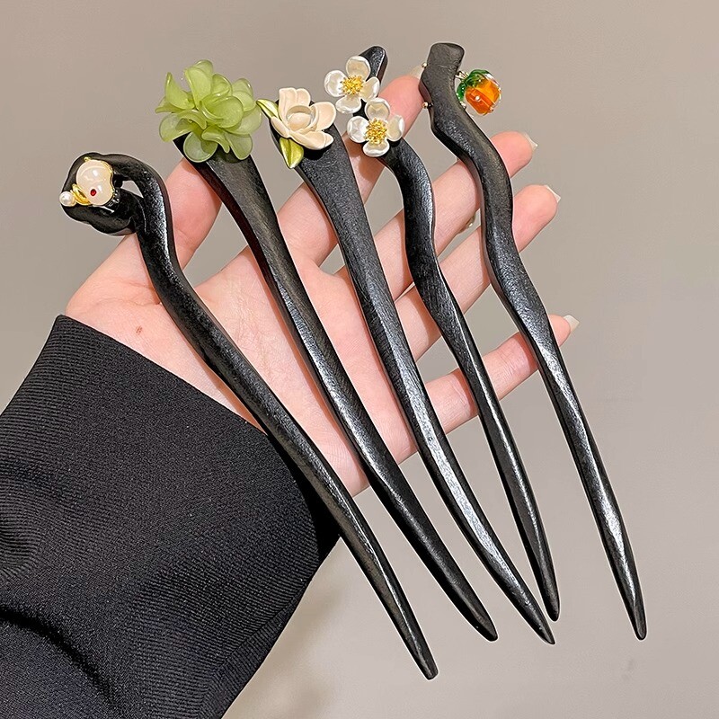 黑檀木古风发簪女花朵后脑勺盘发神器发钗簪子高级感汉服头饰七夕