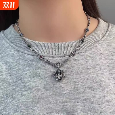 vintage高级感爱心克罗锁骨链小众设计秋冬毛衣链长款甜酷风项链