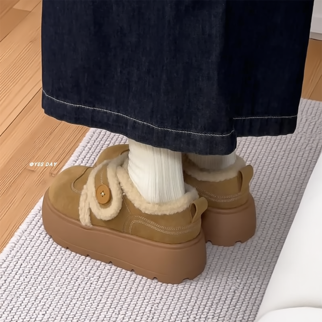 可爱休闲百搭加绒勃肯鞋女2025冬季新款厚底毛毛鞋雪地靴圆头灰色