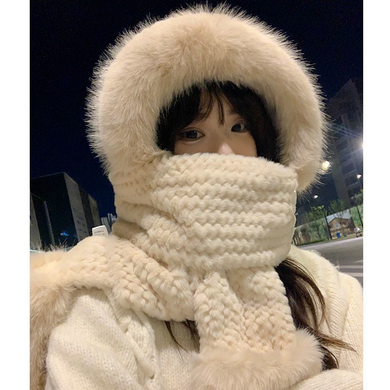 毛绒帽子围巾手套一体女秋冬季百搭加厚保暖骑车防寒护耳连帽套装