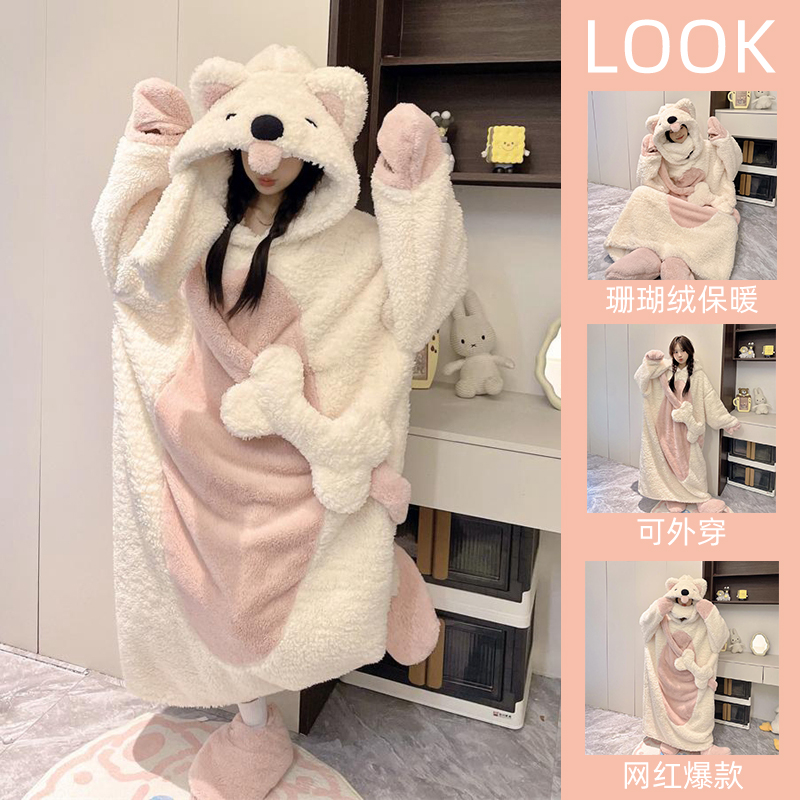 可外穿珊瑚绒睡衣睡袍女秋冬季厚