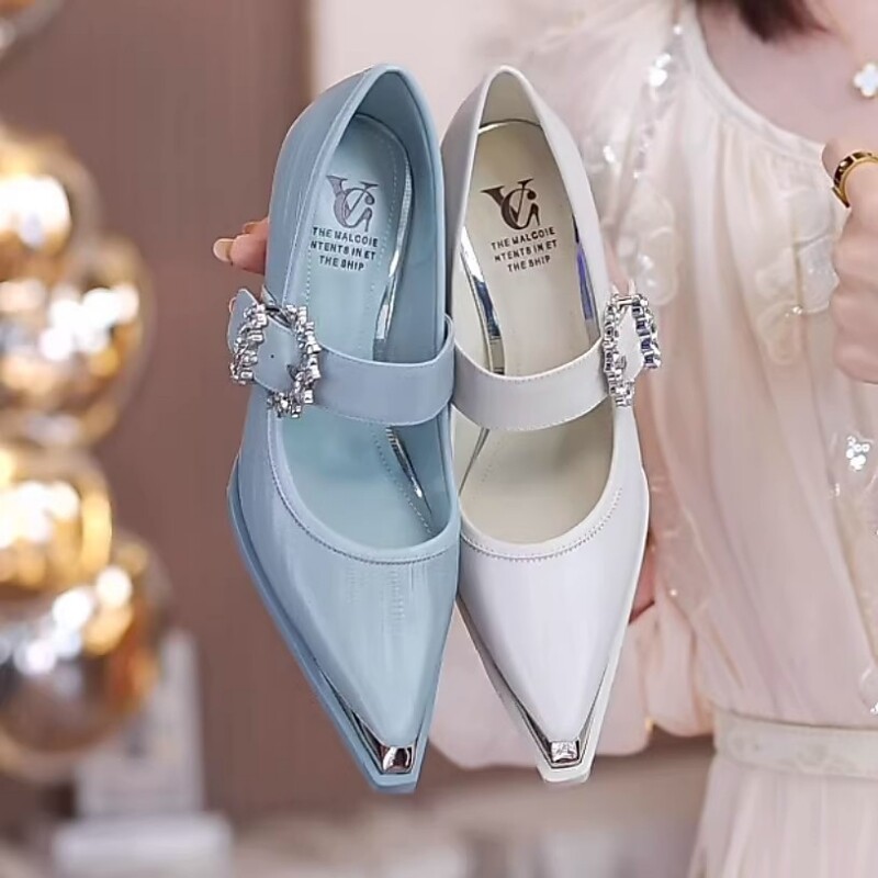 玛丽珍鞋女2026新款春季时尚气质百搭粗跟尖头高跟鞋子蓝色真皮