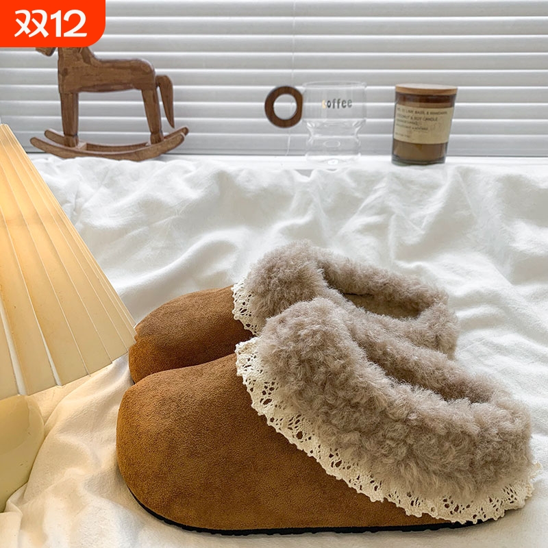 内增高花边勃肯鞋加绒毛毛棉拖鞋女外穿2025冬季新款厚底包头半拖