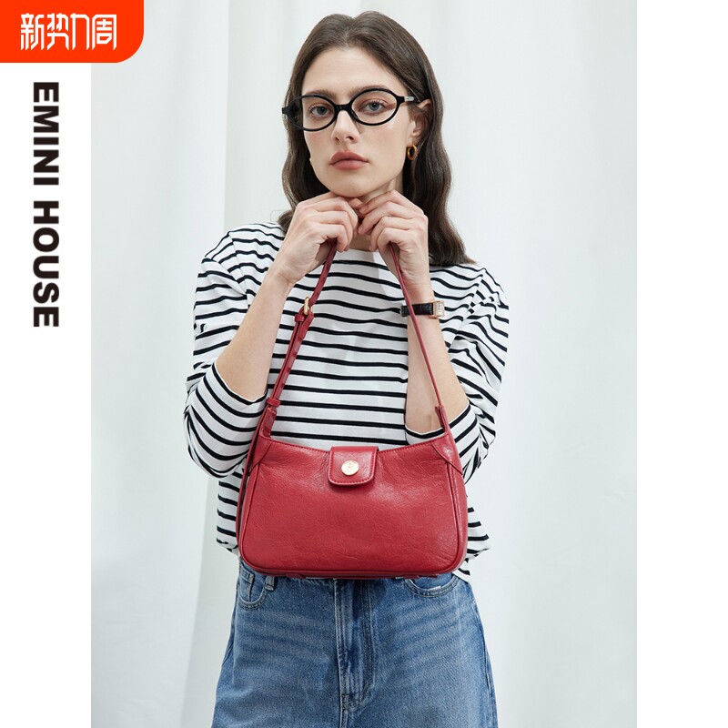 EMINIHOUSE/伊米妮气质法棍包头层牛皮红色复古单肩腋下女