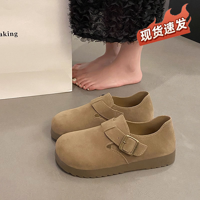 磨砂勃肯鞋女2025新款秋季厚底复古软底博肯单鞋一脚蹬平底豆豆鞋