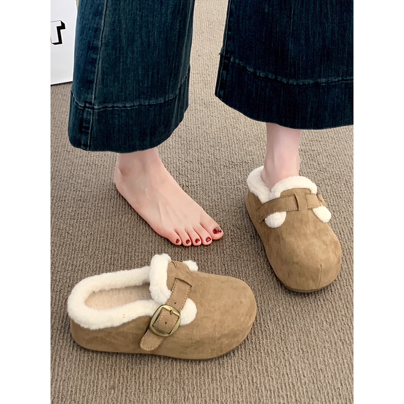 厚底加绒包头半拖鞋女外穿2025秋冬新款毛毛勃肯鞋懒人保暖棉拖鞋