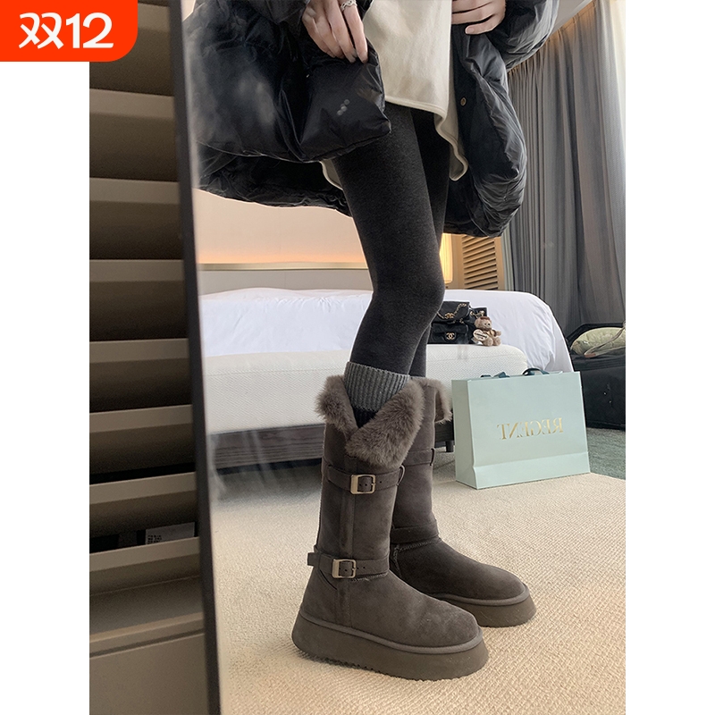 葡萄妈studiolee厚底毛毛加绒加厚保暖棉鞋雪地靴女冬季款灰色