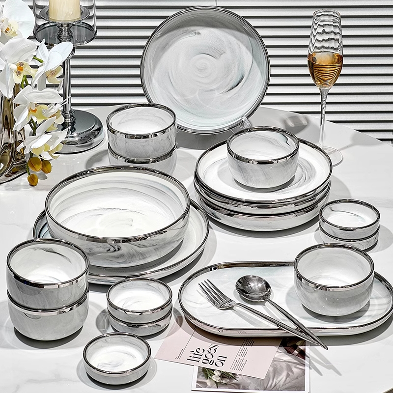 轻奢银边陶瓷餐具套装家用送礼