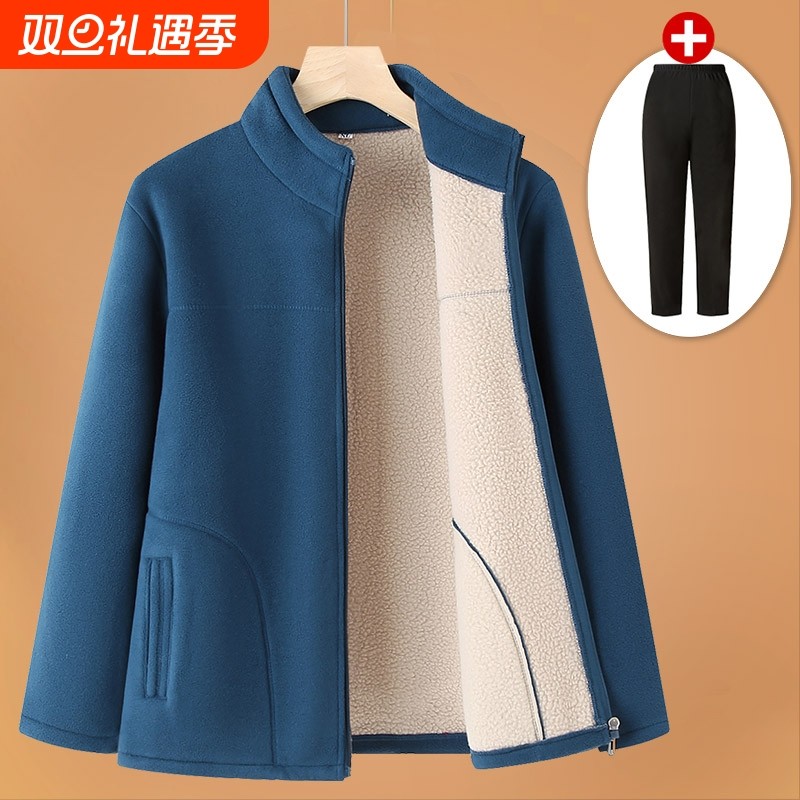 妈妈装抓绒外套中老年人秋冬款卫衣奶奶装秋装加绒加厚冬上衣轻便