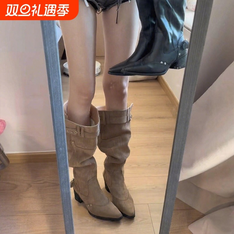 美拉德复古尖头粗跟长筒靴靴子女2025新款秋季百搭显瘦皮带扣堆堆