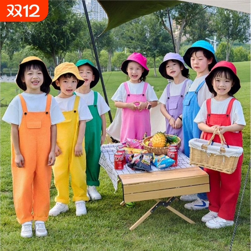 元旦儿童合唱演出服装背带裤彩色套装啦啦队运动会表演班服多巴胺