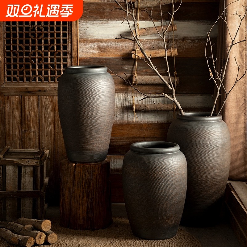 景德镇新中式落地陶瓷大花瓶手工跳刀纹陶罐客厅酒店民宿装饰摆件