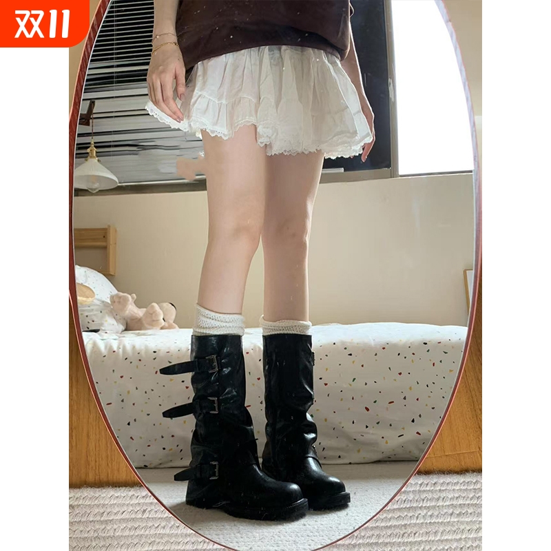内增高中筒马丁靴女长靴显瘦裤管堆堆靴美拉德靴子黑色棕色粗跟