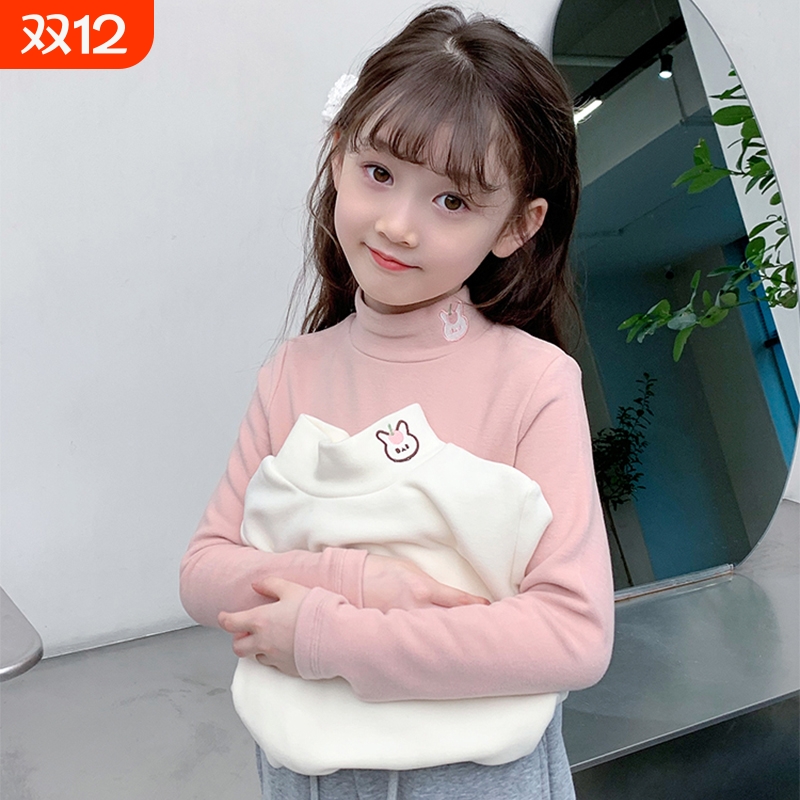 女童长袖T恤德绒打底衫2025冬季半高领白色内搭加绒洋气儿童双面
