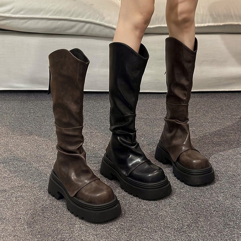 长筒靴子女2025新款秋冬季显瘦高筒靴v口裤管靴堆堆靴骑士靴黑色
