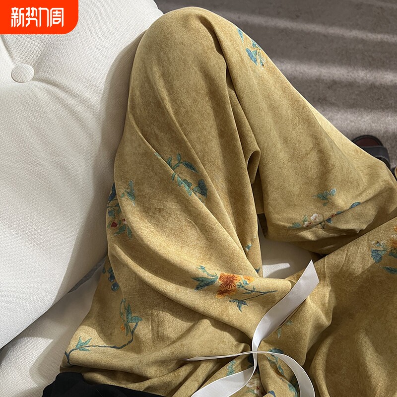 棉绸睡裤女2026春秋夏季复古新中式家居裤可外穿妈妈宽松直筒长裤