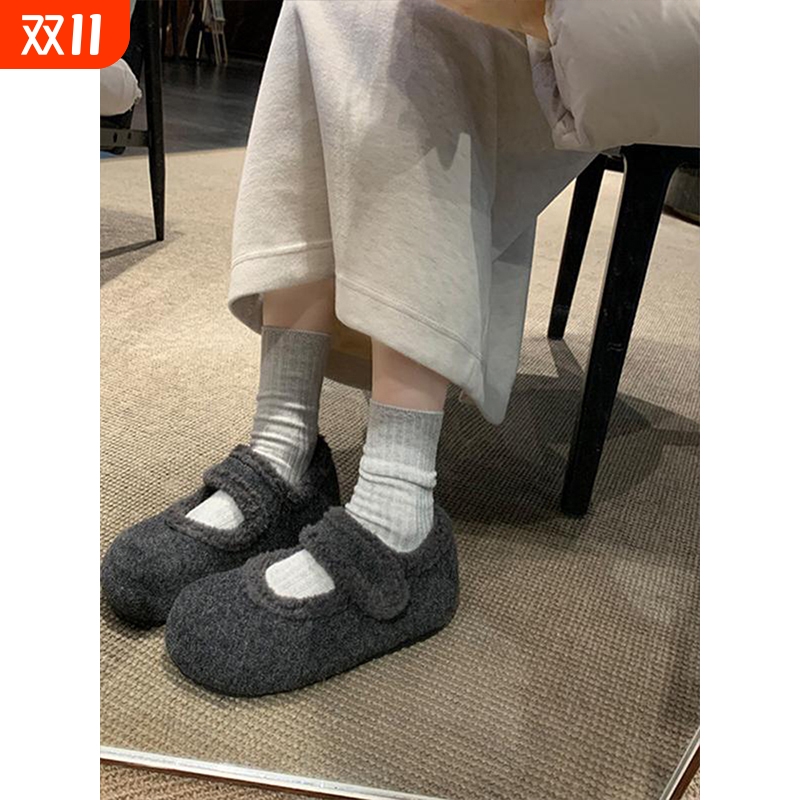 加绒玛丽珍鞋女冬毛毛鞋2025年新款内增高毛呢料配大衣勃肯棉鞋子