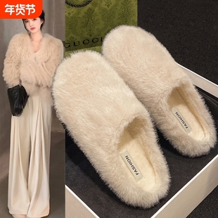 网红毛毛拖鞋女外穿2025秋冬新款一脚蹬包头半拖孕妇平底毛毛棉鞋