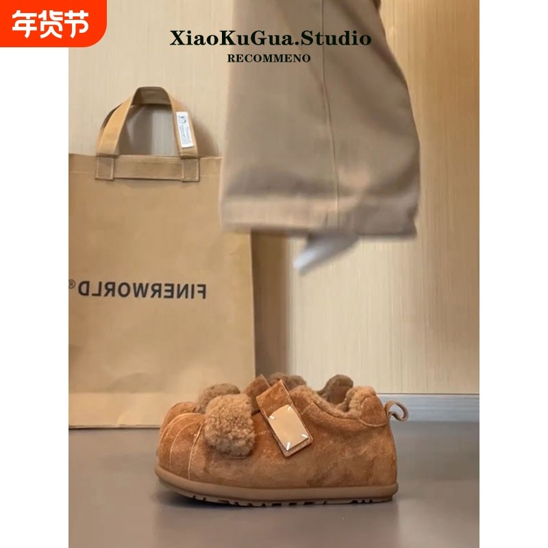 贝壳头加绒棉鞋女款2025新款冬季魔术贴大头板鞋内增高毛毛鞋棕色,女鞋,棉鞋,淘宝优惠券,粉丝福利购,淘宝优惠卷