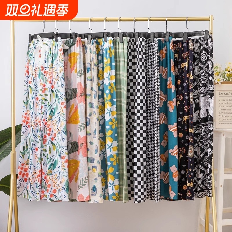 2025新款夏季女士棉绸睡裤可外穿人造棉九分阔腿家居裤花长裤子绵