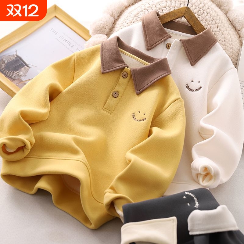 男童加绒卫衣秋冬款翻领POLO衫2024新款儿童韩版帅气加厚保暖上衣