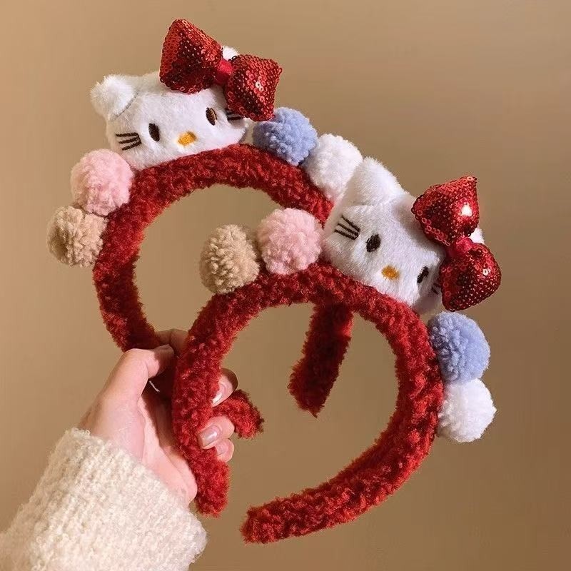 可爱红色蝴蝶结kitty毛绒发箍女秋冬洗脸敷面膜头箍圣诞新年头饰