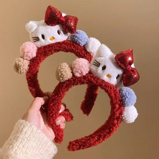 可爱红色蝴蝶结kitty毛绒发箍女秋冬洗脸敷面膜头箍圣诞新年头饰