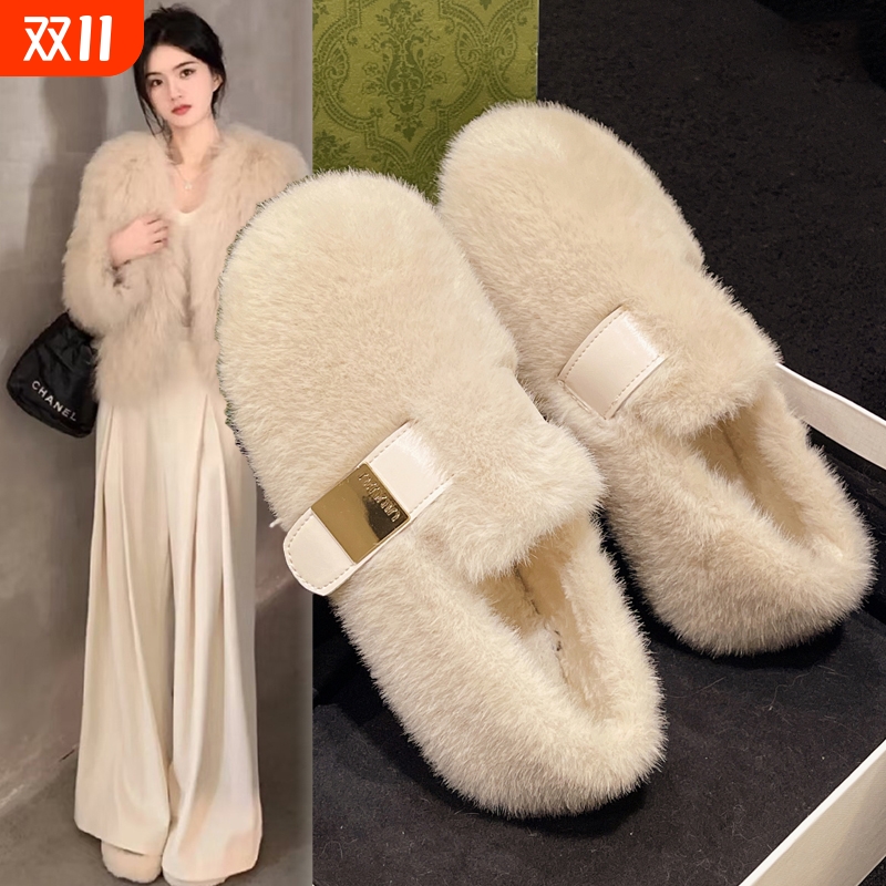 法式白色毛毛鞋女外穿2025新款秋冬季一脚蹬厚底加绒保暖豆豆棉鞋