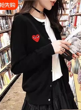 春秋爱心开衫女刺绣针织外搭羊毛衫情侣亲子大码毛衣外套红色黑色